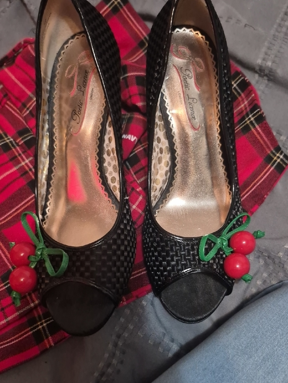 Poetic License Black Peep-Toe Heels with Red Cherry Detail